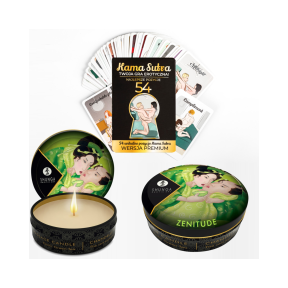 Karty z pozycjami KamaSutra i świeca do masażu Zenitude Exotic Green Tea 30ml Shunga
